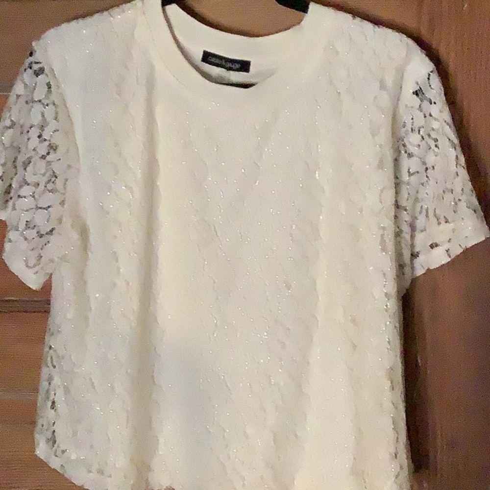 Absolutely Famous Cable & Gauge Cream Lace Top with Silver Sparkle – L